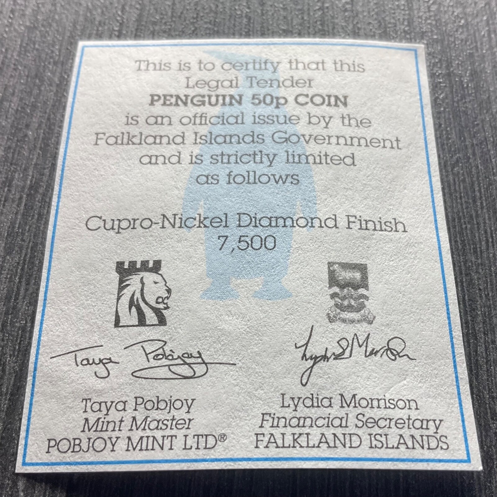 PobJoy Mint Penguin 50p coin C.O.A x1