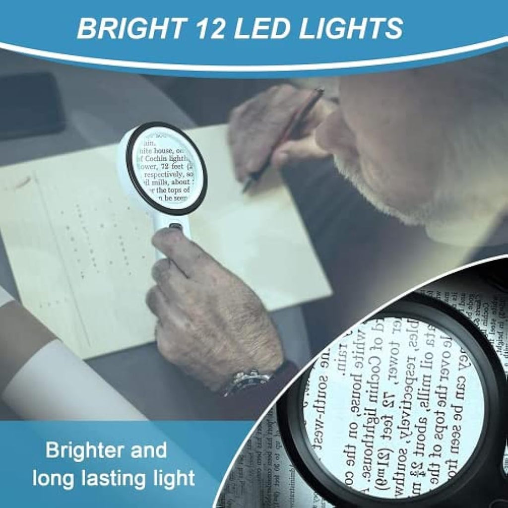 Magnifying Glass with 12 LED Lights, 30X Double Glass Lens Handheld Illuminated Magnifier Reading Magnifying Glass with for Seniors Read, Coins, Stamps, Map, Inspection, Macular Degeneration - Bits’N’Bobs 24 - 7